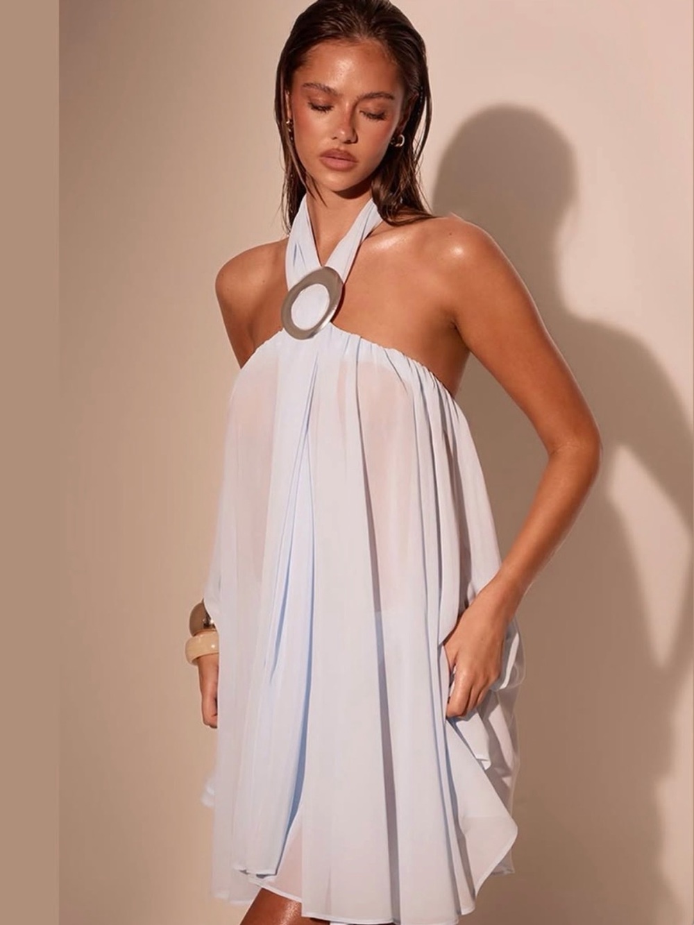 Nasty Gal Light Blue Halter Backless Mini Dress